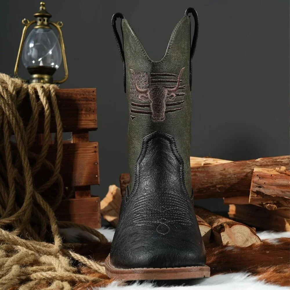 Men's Olive Green Toe Western Boots Vegan/genuine Leather With Classic Patriot